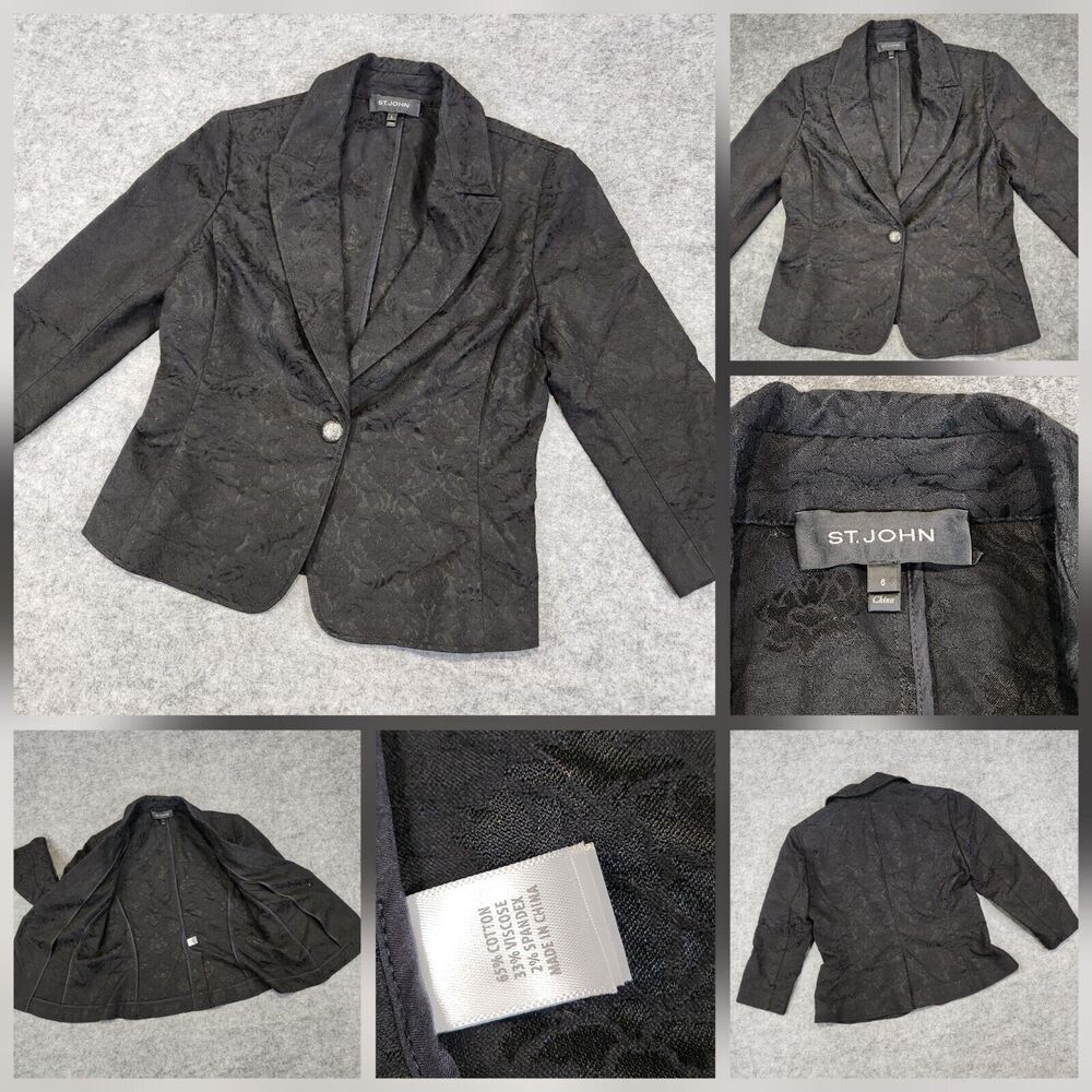 ST John Womens Size 6 Black‎ Floral Pattern Embossed 1 Button Blazer Jacket